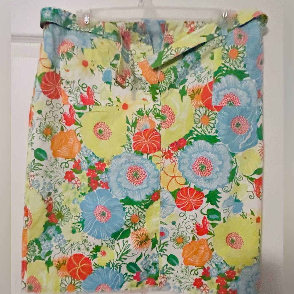 Talbots Citrus Floral A-Line Mini Belted Stretch Summer Canvas Skirt